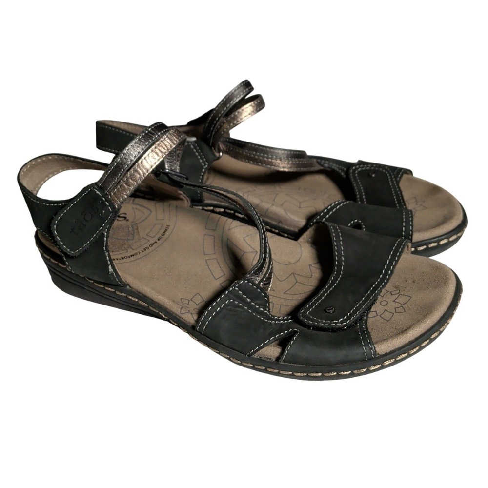 Taos Zenith Sandals Womens Size 8 Black Leather Ankle Strap Strappy Wedge Y2K